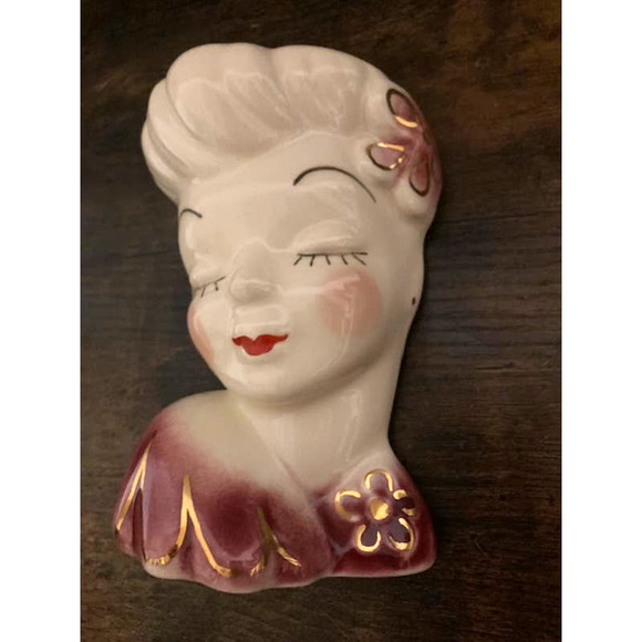 1950's Pin-up Lady WALL Pocket Planter - Red Lips Glam Girl Head Vase - Picture 5 of 6